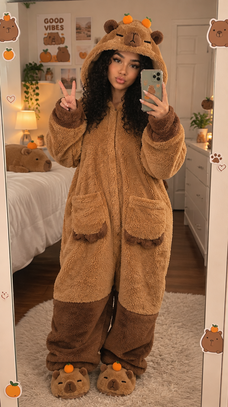 Capybara Hooded Onesie — Cozy Winter Pajama